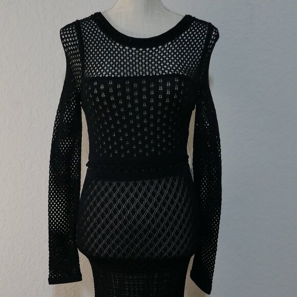 Venus Knit Beaded Eyelet Black Bodycon Mesh Midi Stretch Dress Long Sleeve Small - Picture 8 of 10